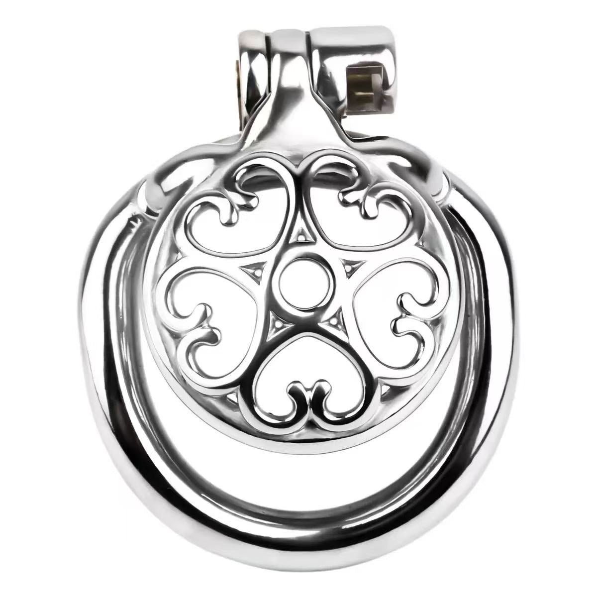 Front plate and heart-pattern openings on flat steel chastity cage LKM-042