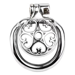Front plate and heart-pattern openings on flat steel chastity cage LKM-042