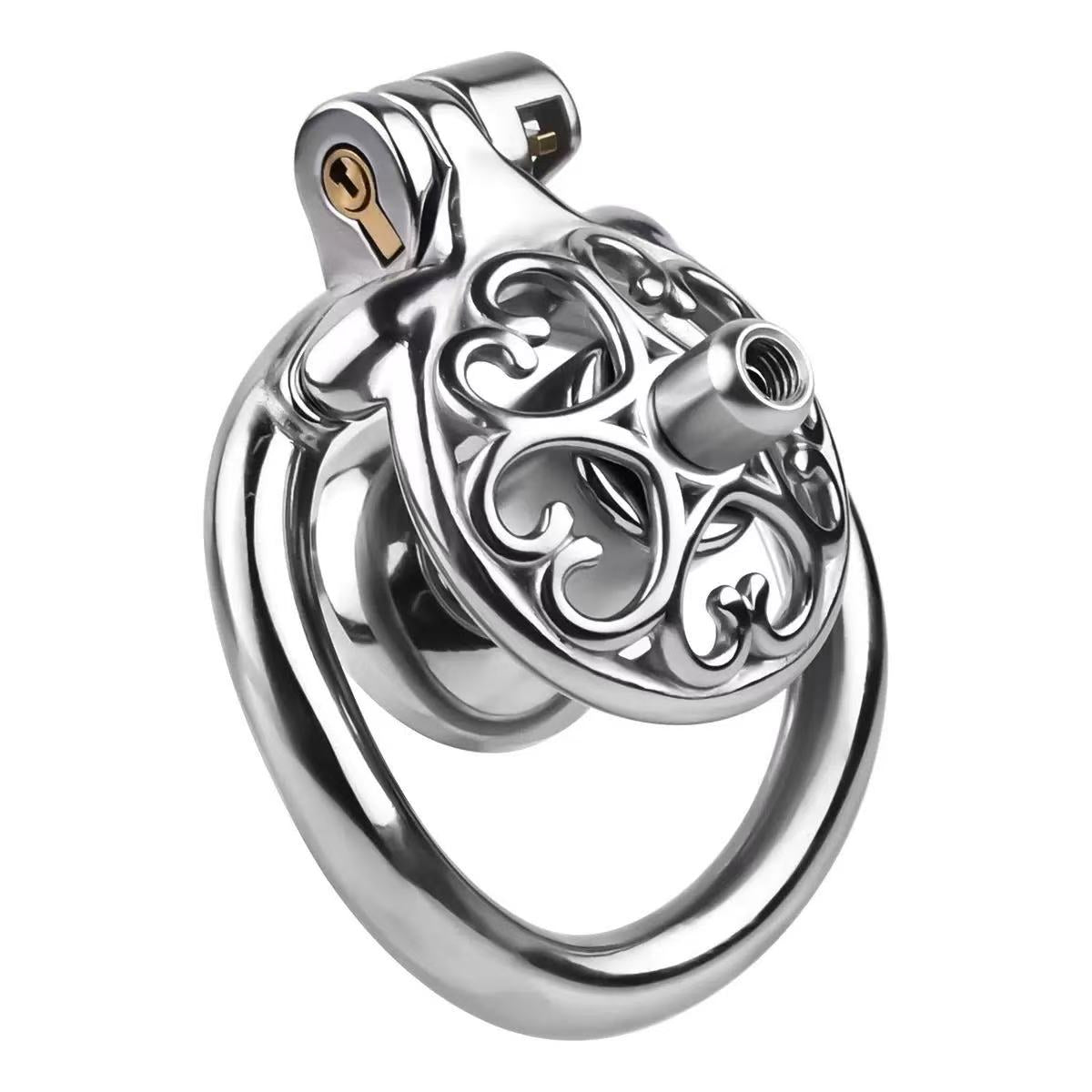 Profile view of heart-pattern flat steel chastity cage LKM-042