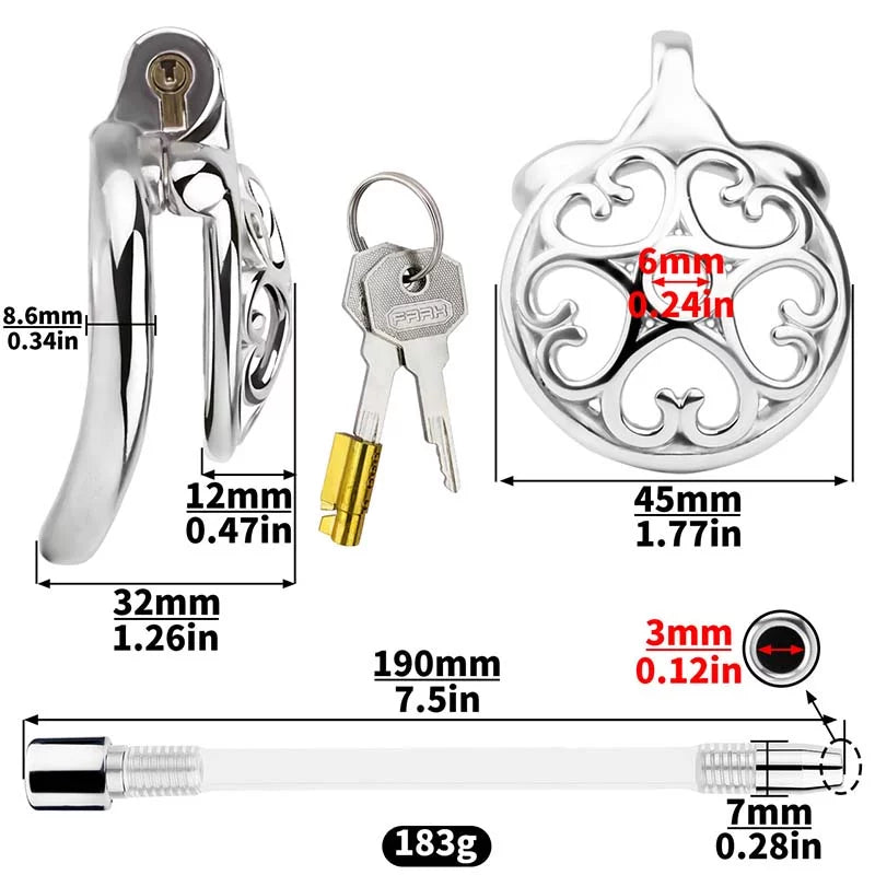 Rear view of heart-pattern flat steel chastity cage LKM-042