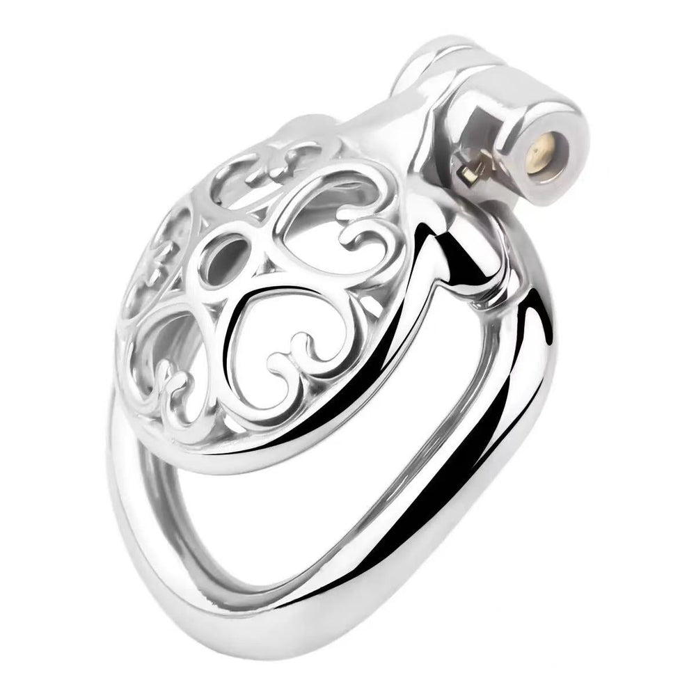 Side view of heart-pattern flat steel chastity cage LKM-042