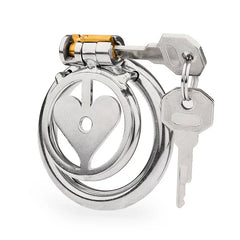 Heart-shaped flat stainless steel chastity cage with lock and keys