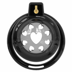 Front view of black heart-vent soft chastity cage