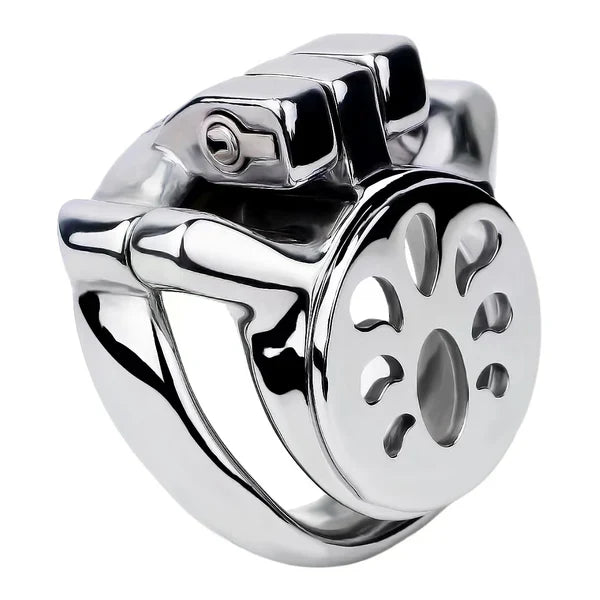 Heavy-duty flat stainless steel chastity cage front view
