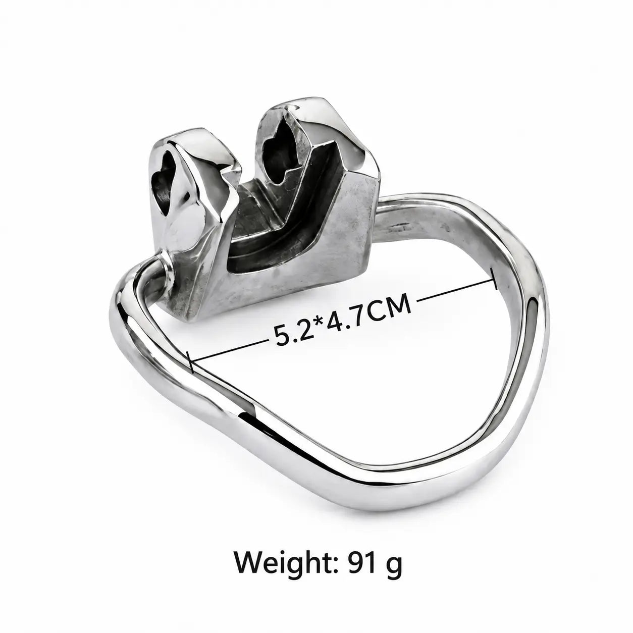 Holy Trainer V1 stainless steel base ring with a 52 x 47 mm internal opening and a 91 g weight label
