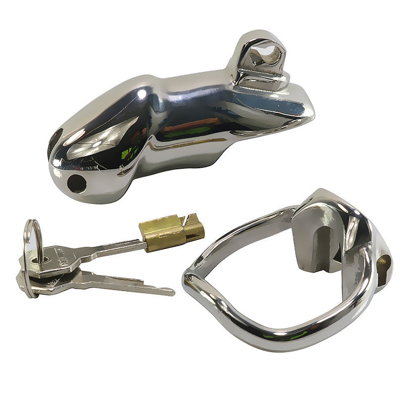 Holy Trainer V1 components showing an enclosed steel cage, one base ring, a metal lock core and two keys
