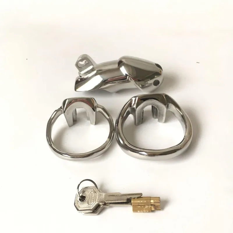 Disassembled Holy Trainer V2 stainless steel cage with two base rings, sliding lock and key