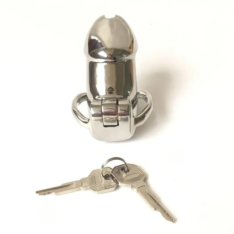 Front view of the stainless steel Holy Trainer V2 chastity cage with two keys