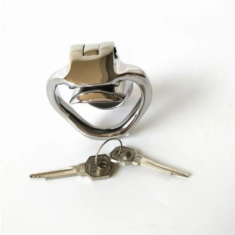 Rear view of the stainless steel Holy Trainer V2 cage and base ring with two keys