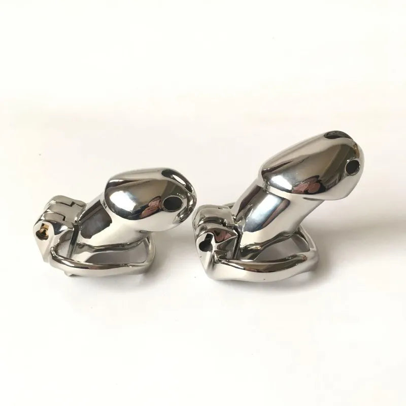 Side-by-side view of two Holy Trainer V2 stainless steel chastity cage sizes