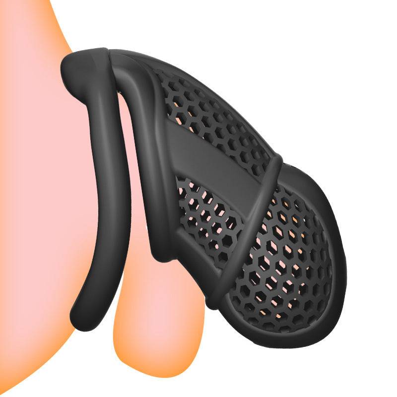 Side-view fitting illustration of a black honeycomb cage with a curved base ring
