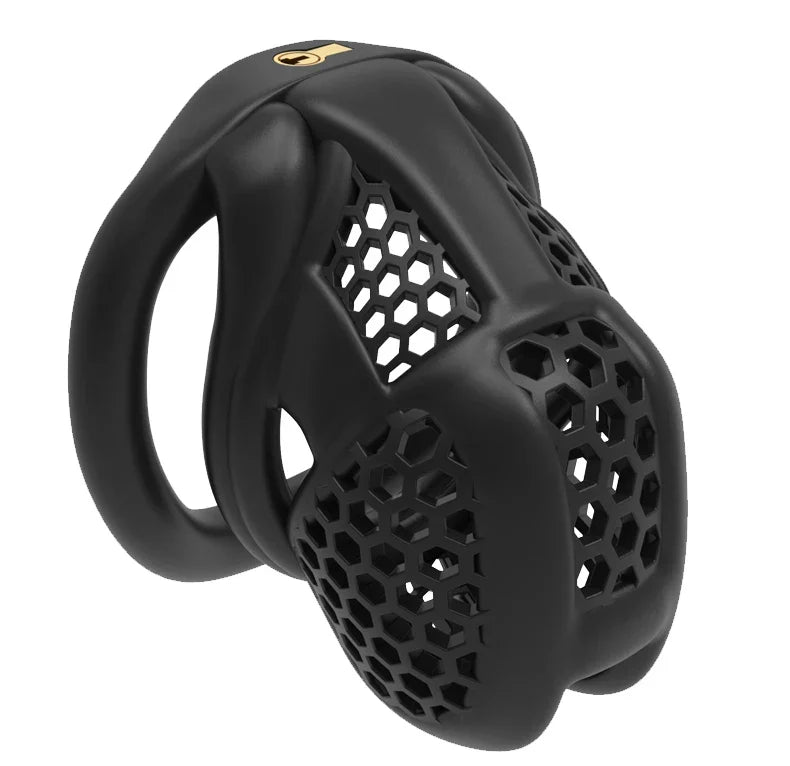 Black honeycomb cage with an elongated body and open honeycomb panels
