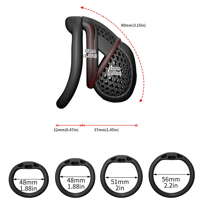 Dimension diagram of a black L honeycomb cage with curved-ring size options
