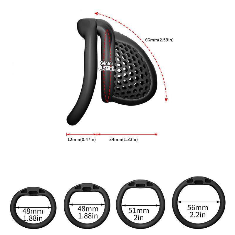 Dimension diagram of a black M honeycomb cage with curved-ring size options
