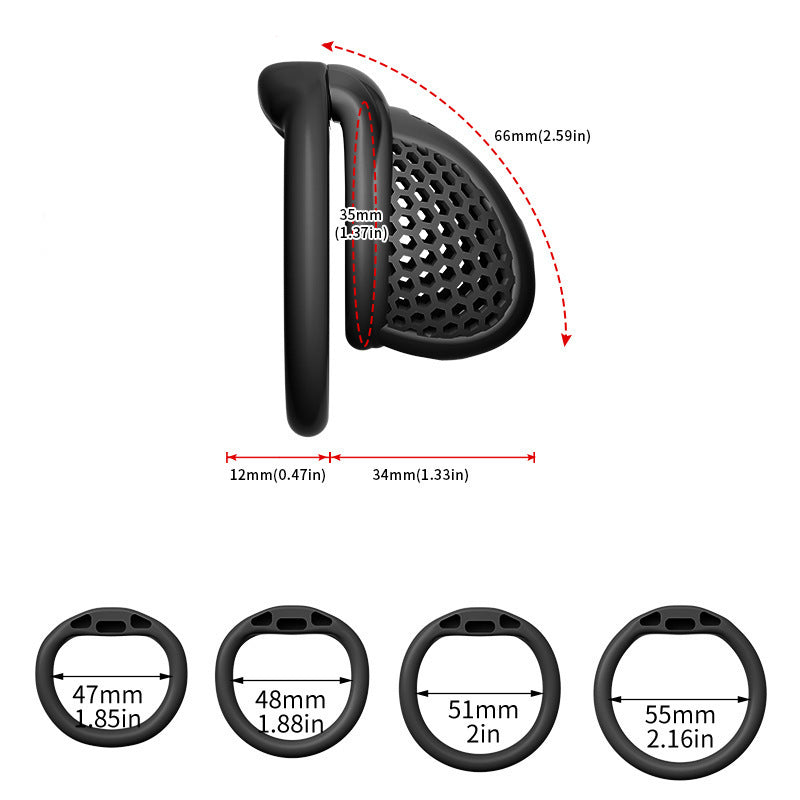 Dimension diagram of a black M honeycomb cage with flat-ring size options
