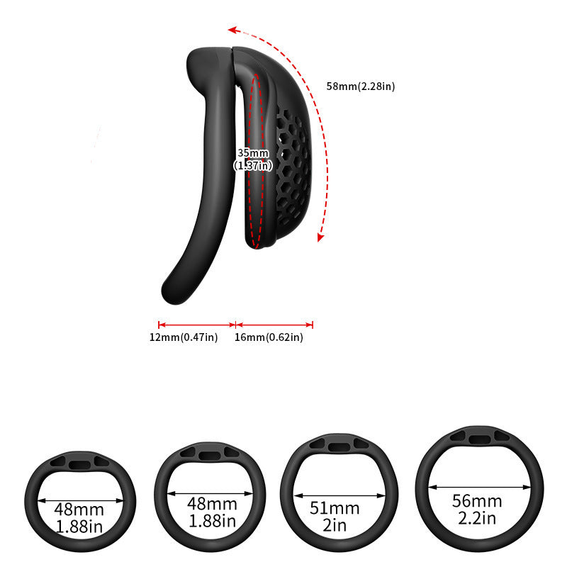 Dimension diagram of a black S honeycomb cage with curved-ring size options
