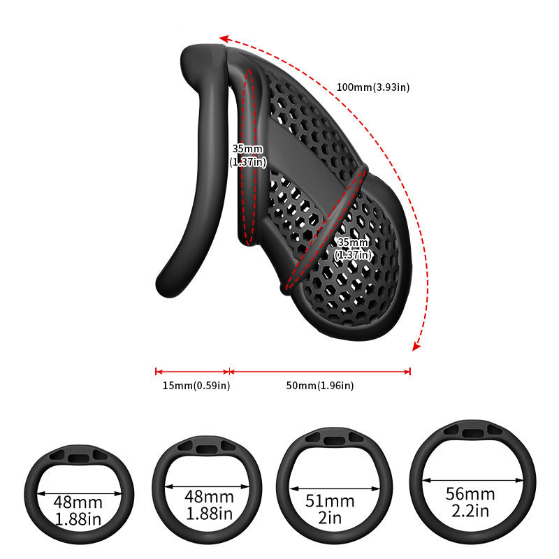 Dimension diagram of a black XL honeycomb cage with curved-ring size options
