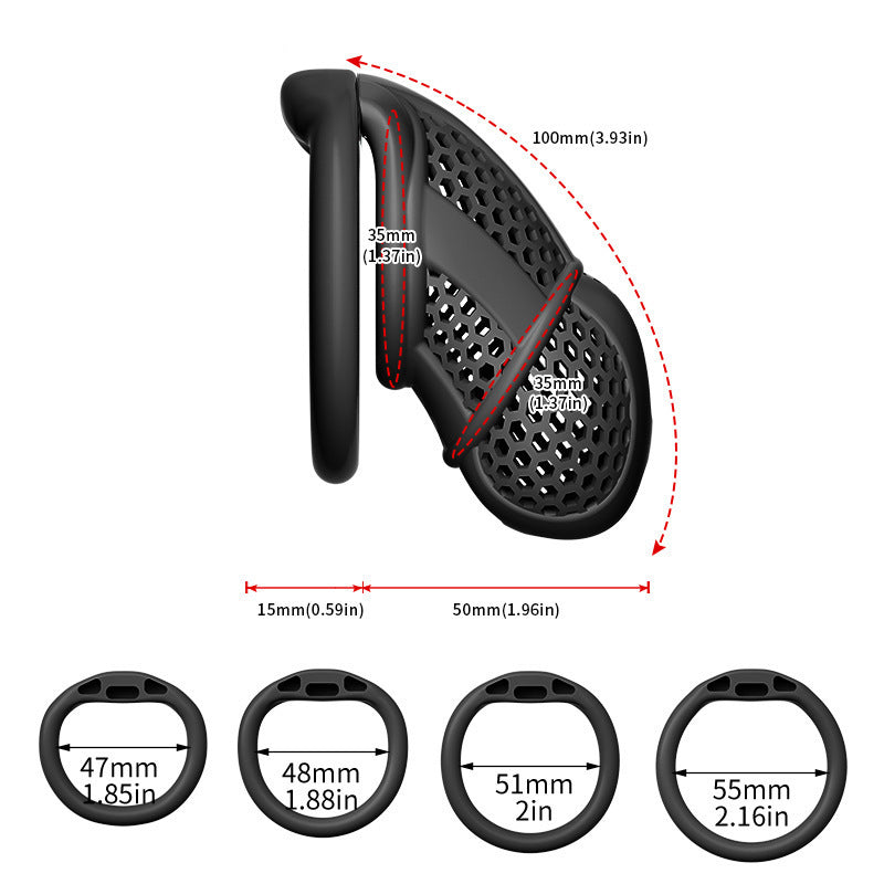Dimension diagram of a black XL honeycomb cage with flat-ring size options
