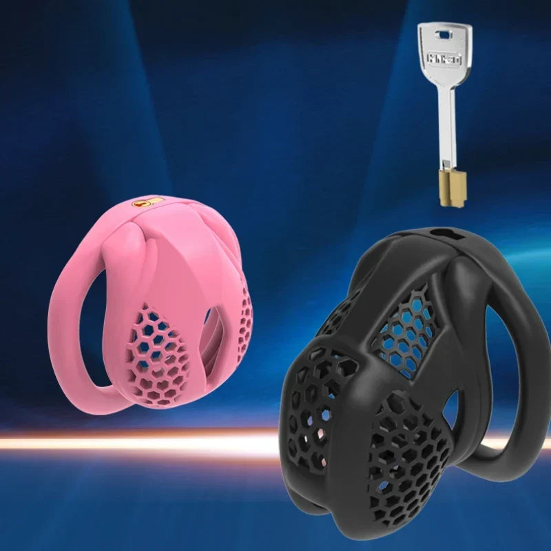 Pink and black honeycomb cages displayed with a key and removable lock cylinder
