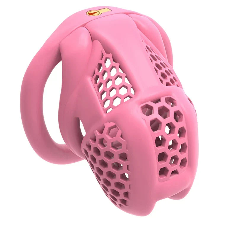 Pink honeycomb cage with an elongated body and open honeycomb panels
