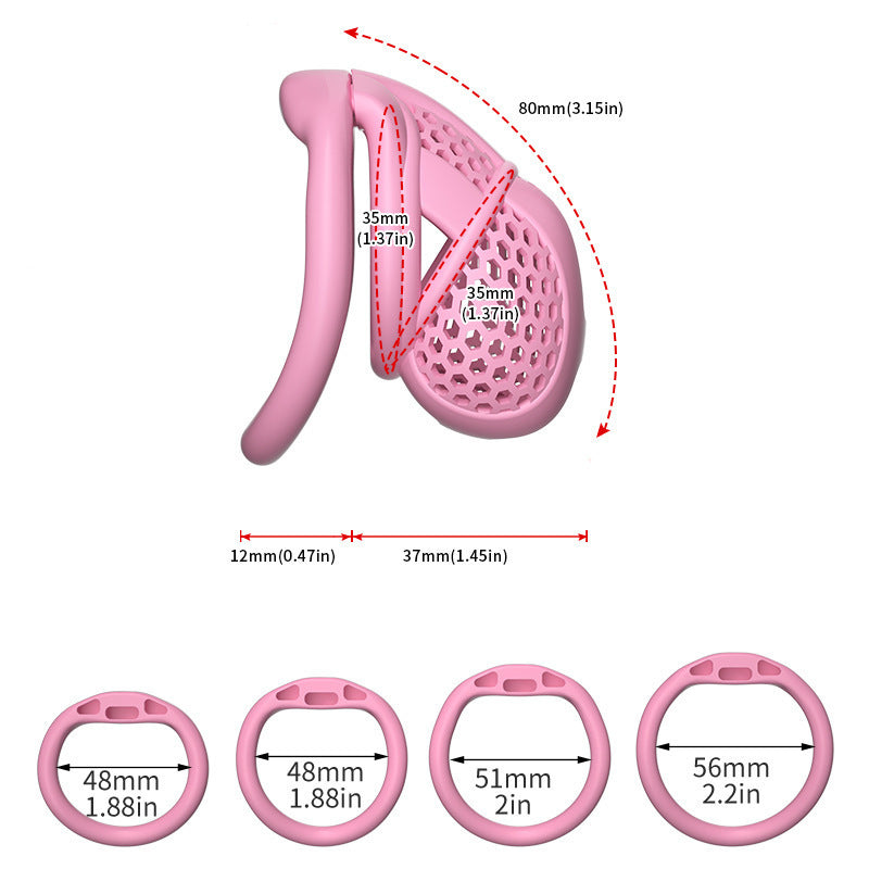 Dimension diagram of a pink L honeycomb cage with curved-ring size options

