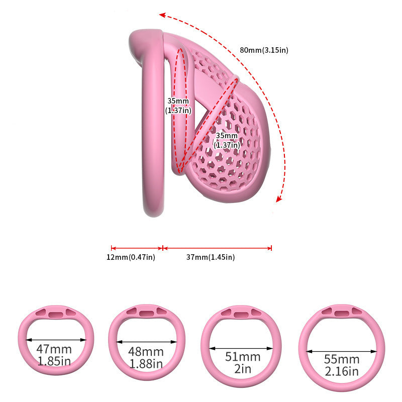 Dimension diagram of a pink L honeycomb cage with flat-ring size options
