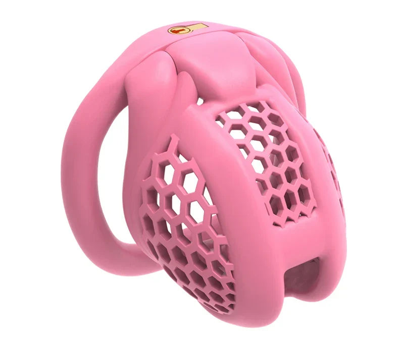 Pink honeycomb cage with a wider rounded body and integrated lock
