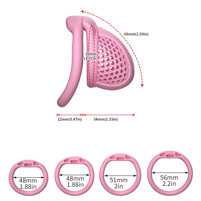 Dimension diagram of a pink M honeycomb cage with curved-ring size options
