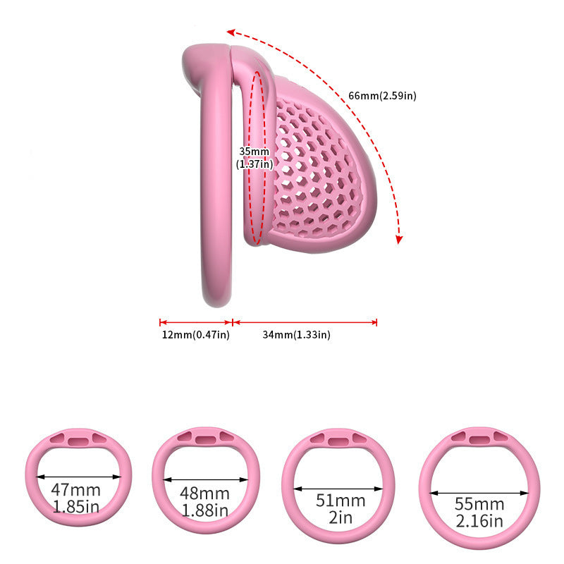 Dimension diagram of a pink M honeycomb cage with flat-ring size options
