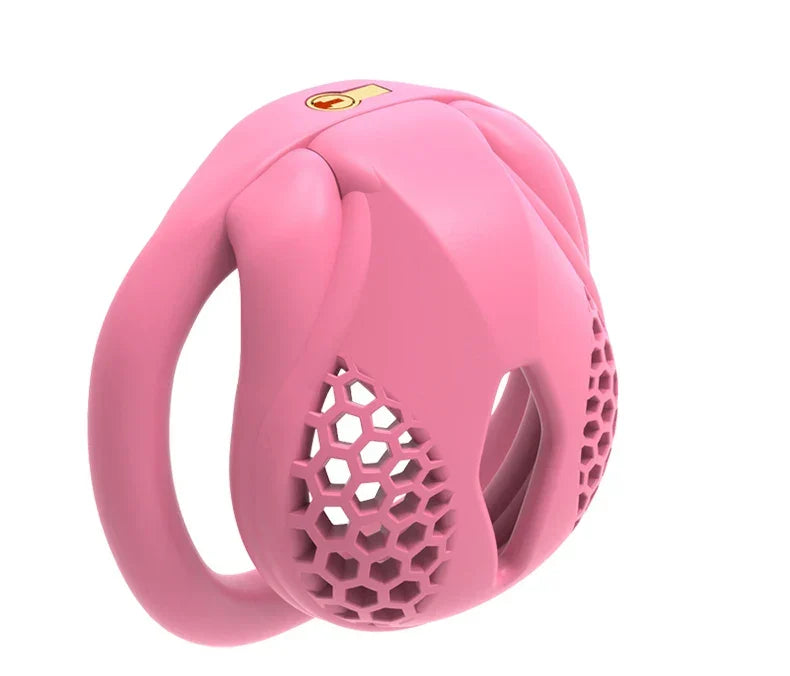 Pink honeycomb cage with a short rounded body and integrated lock

