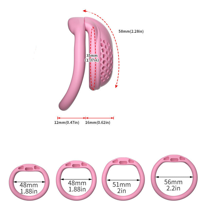 Dimension diagram of a pink S honeycomb cage with curved-ring size options

