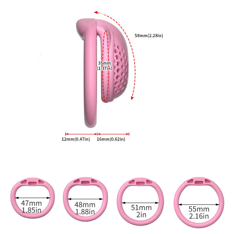 Dimension diagram of a pink S honeycomb cage with flat-ring size options
