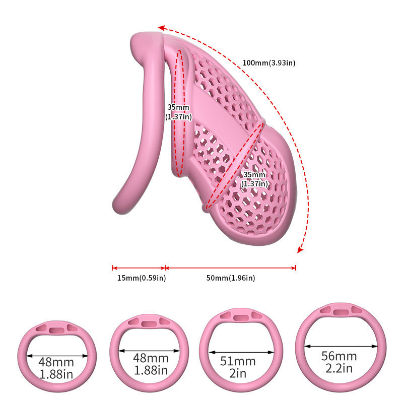 Dimension diagram of a pink XL honeycomb cage with curved-ring size options
