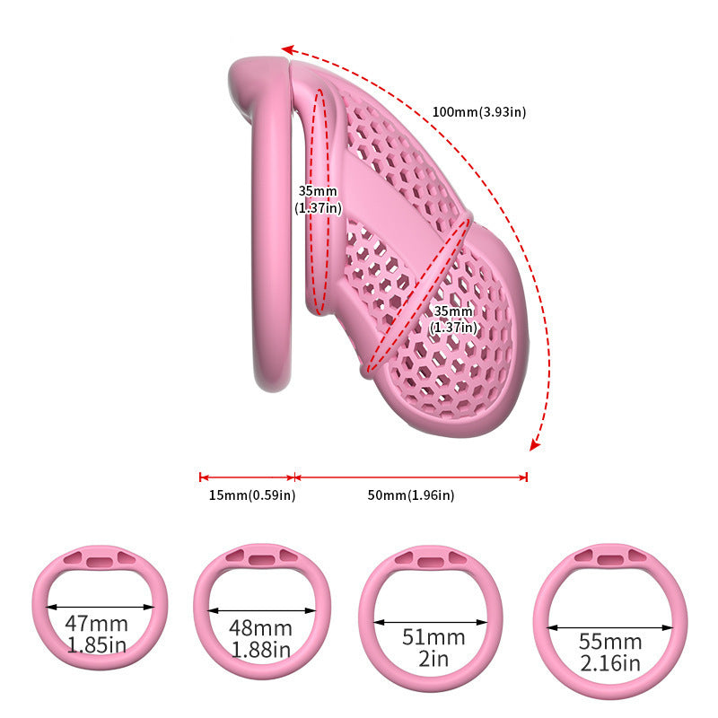 Dimension diagram of a pink XL honeycomb cage with flat-ring size options
