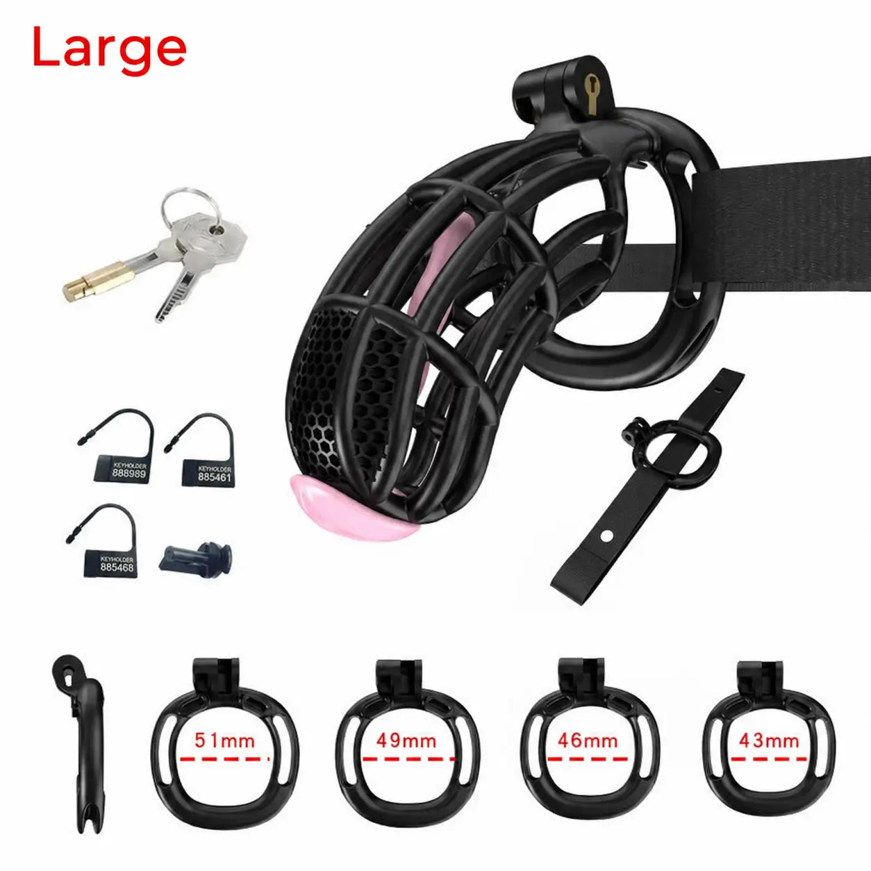Black Large honeycomb cage with belt, four base rings and keys
