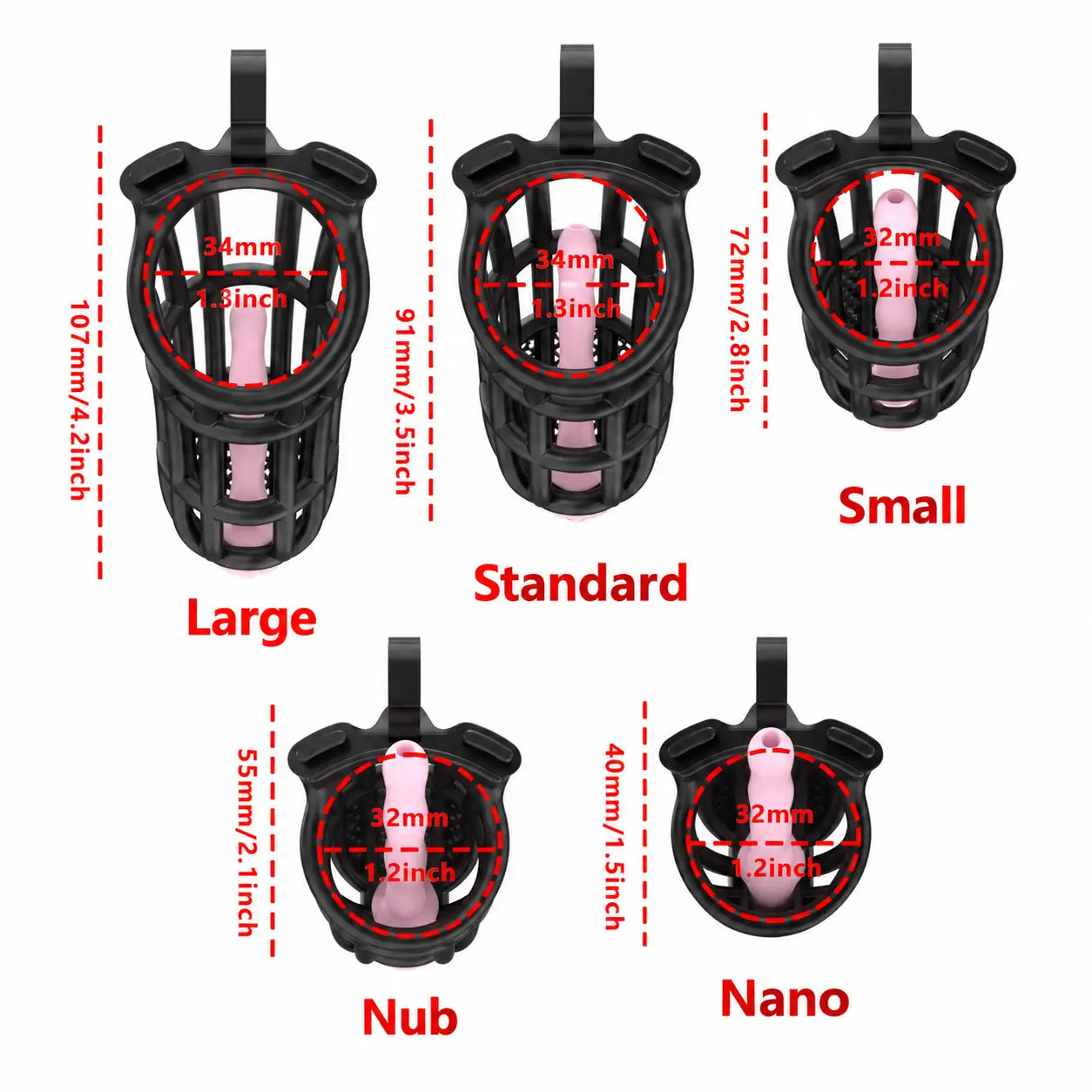Black honeycomb cage size chart with five lengths and 34 or 32 mm cage inner diameters
