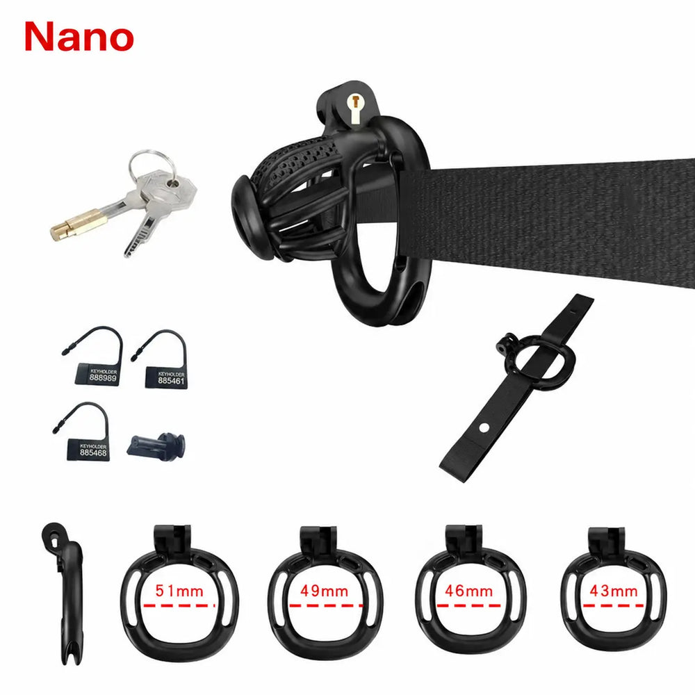Black Nano honeycomb cage with belt, four base rings and keys
