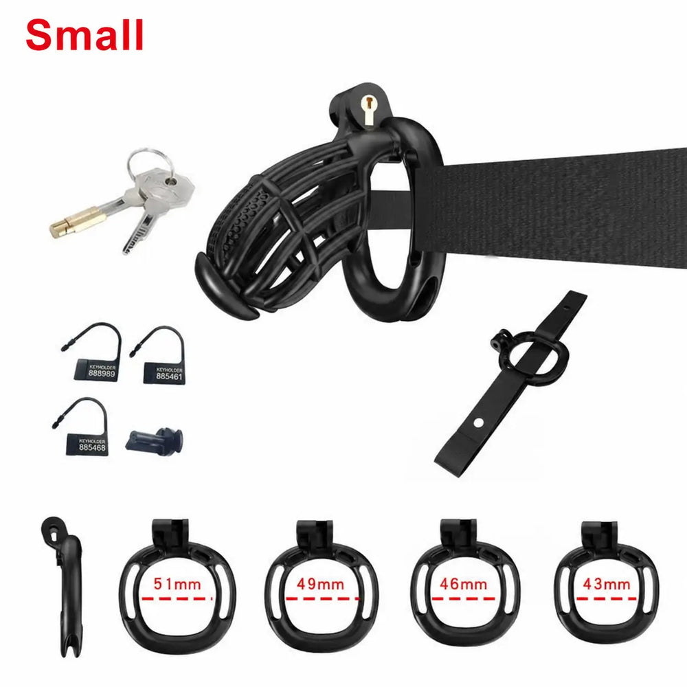 Black Small honeycomb cage with belt, four base rings and keys
