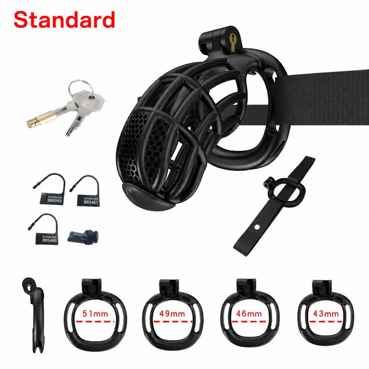 Black Standard honeycomb cage with belt, four base rings and keys
