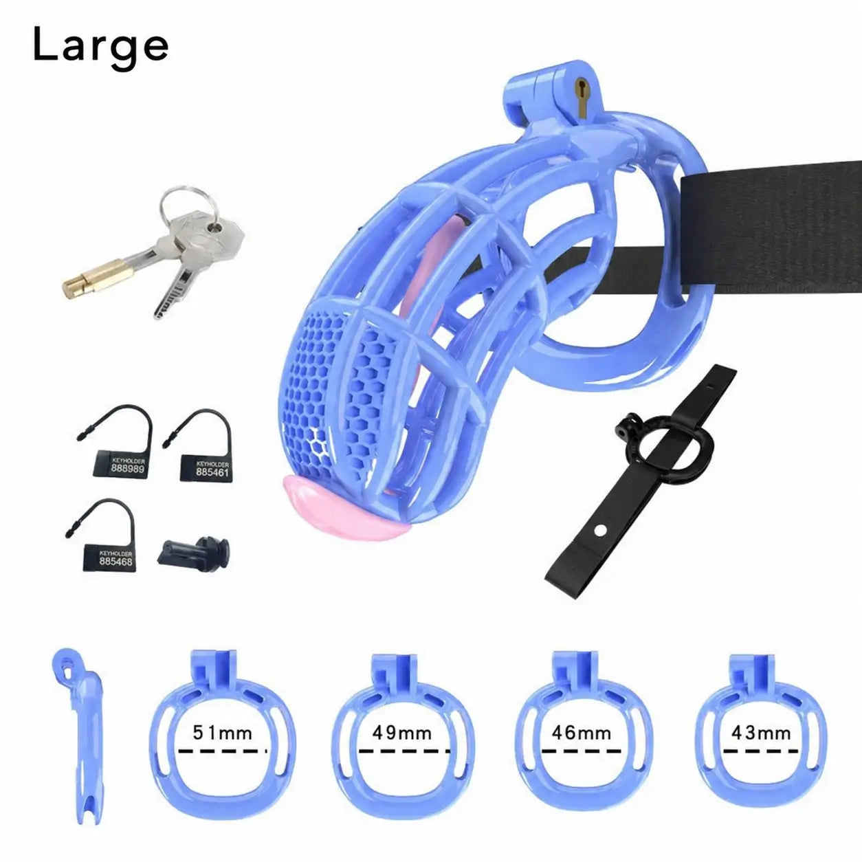 Blue Large honeycomb cage with belt, four base rings and keys
