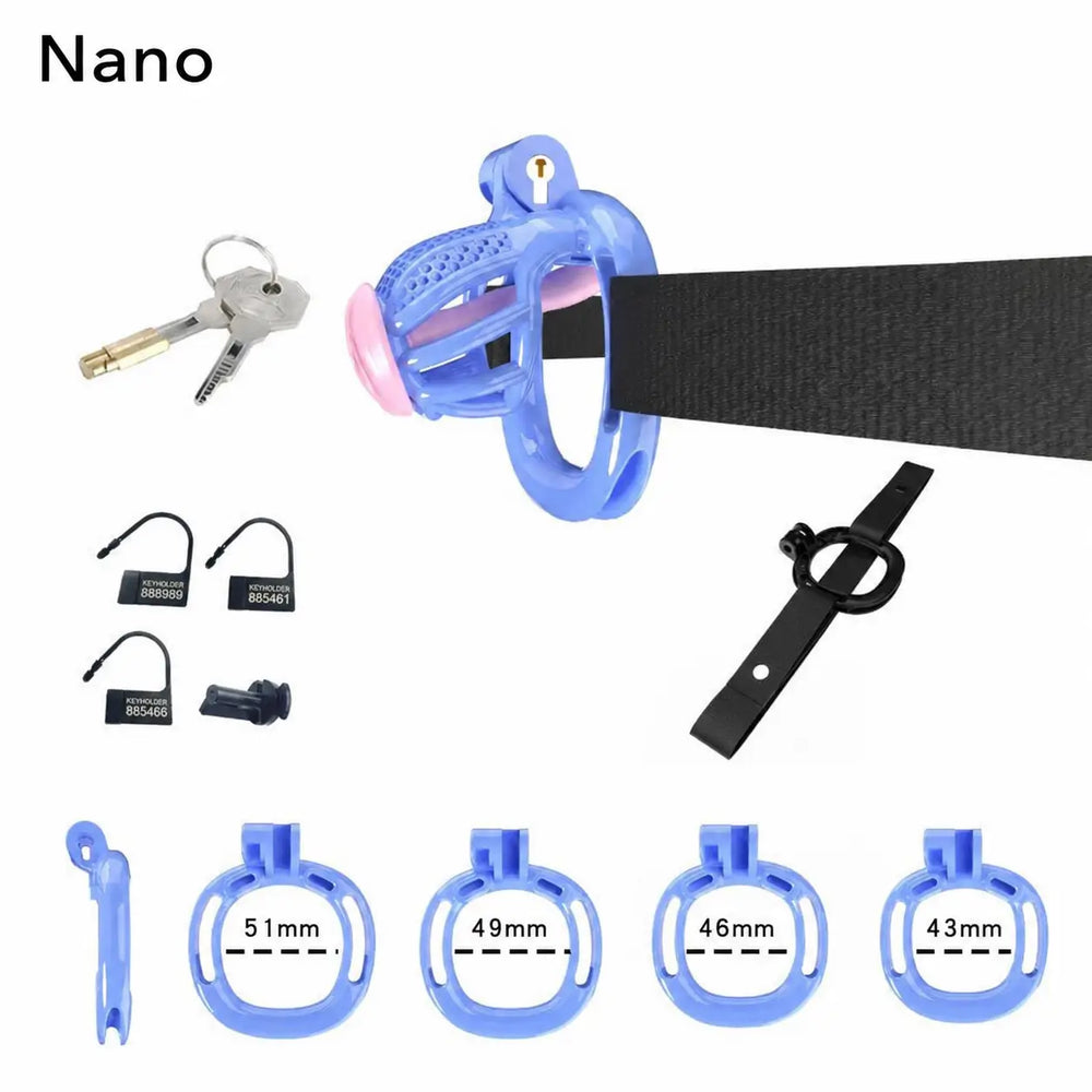 Blue Nano honeycomb cage with belt, four base rings and keys
