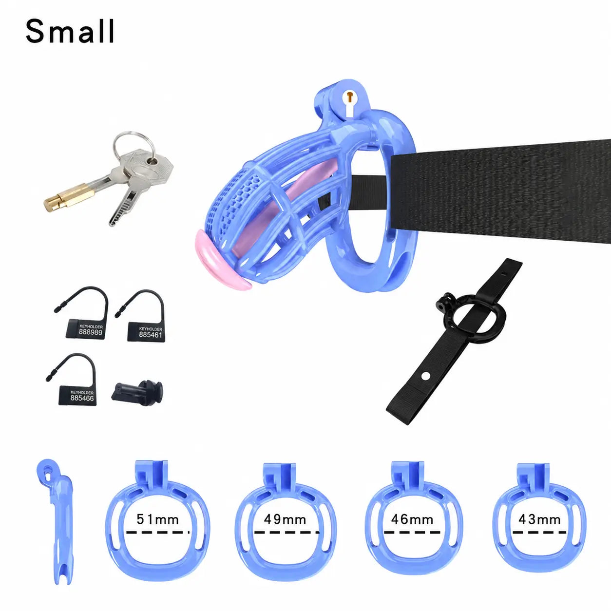 Blue Small honeycomb cage with belt, four base rings and keys
