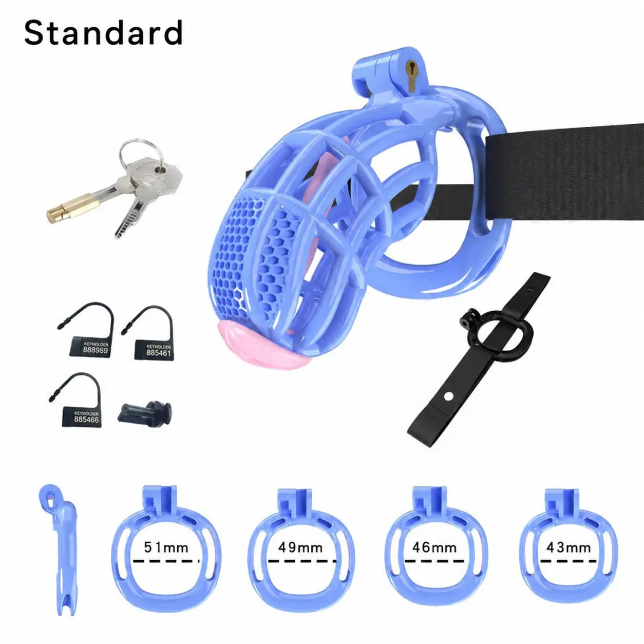 Blue Standard honeycomb cage with belt, four base rings and keys
