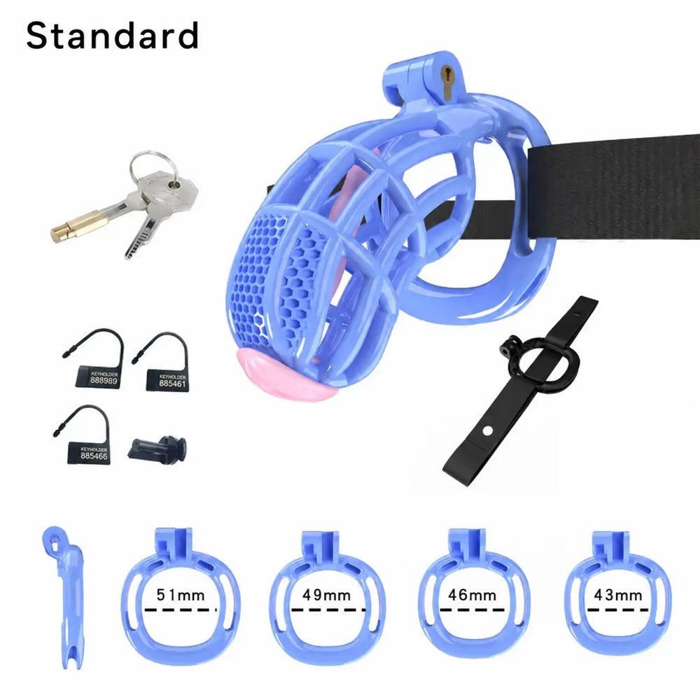 Blue Standard honeycomb cage with belt, four base rings and keys
