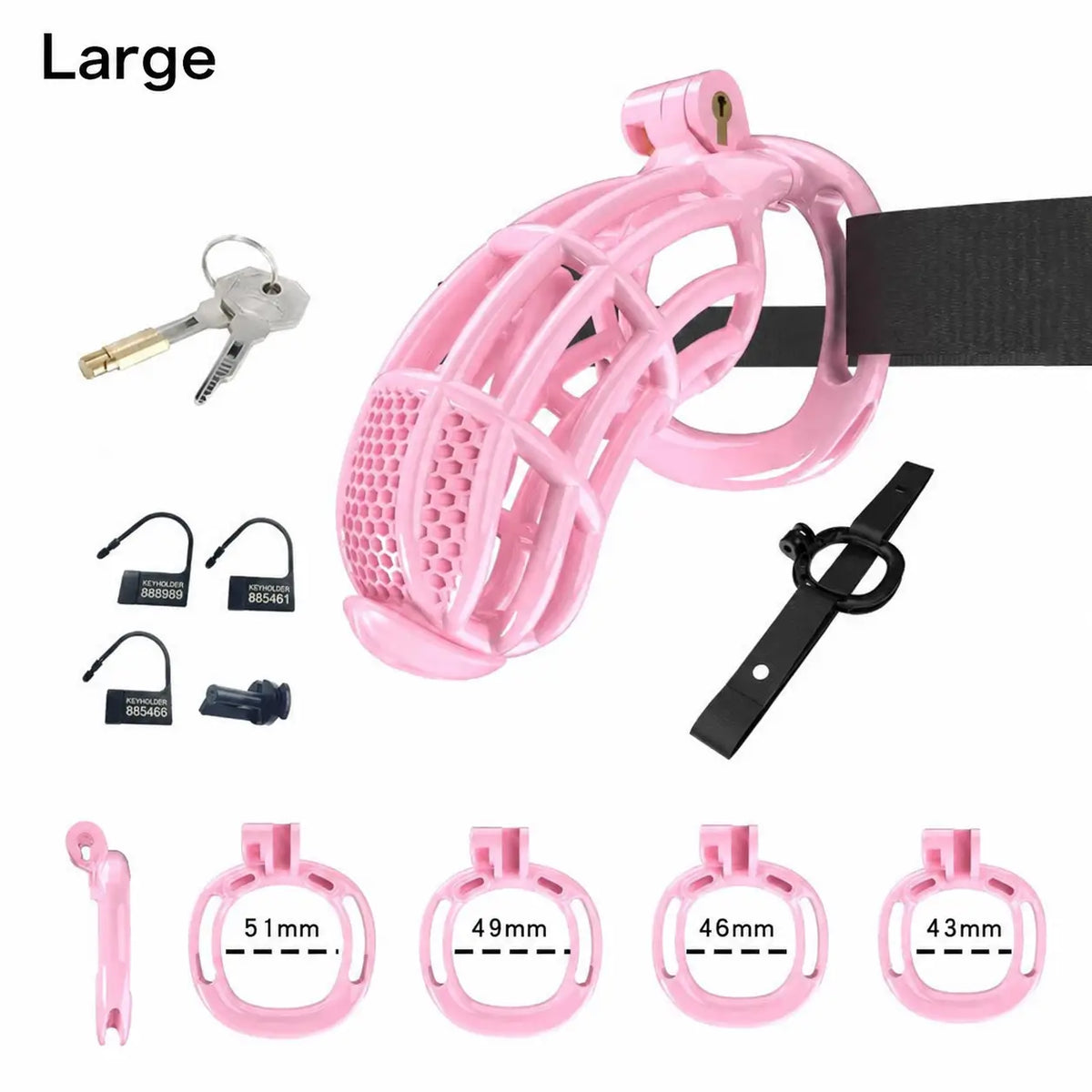 Pink Large honeycomb cage with belt, four base rings, keys and coded locks
