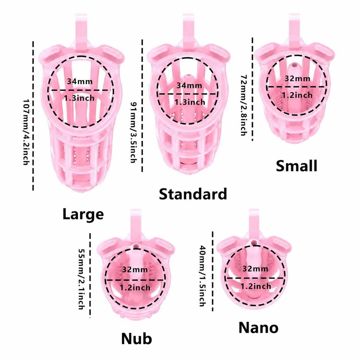 Pink honeycomb cage size chart with five lengths and 34 or 32 mm cage inner diameters
