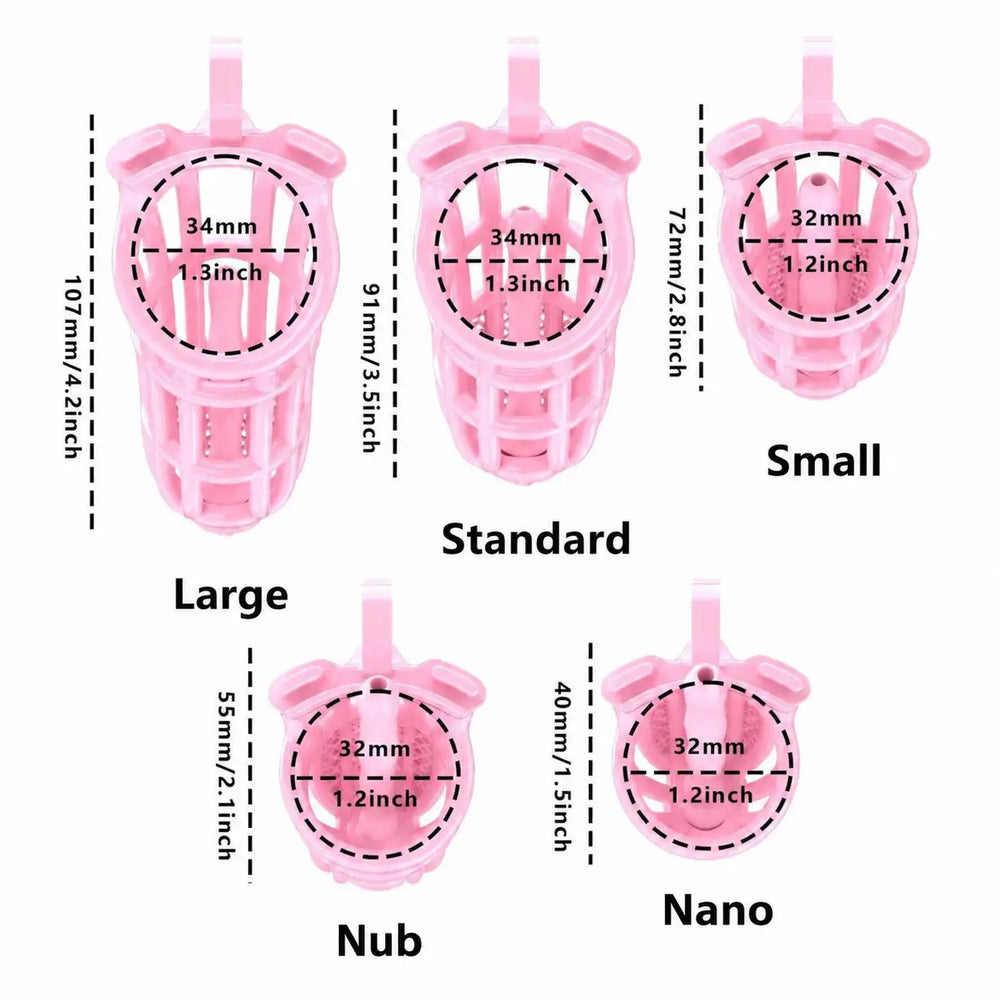 Pink honeycomb cage size chart with five lengths and 34 or 32 mm cage inner diameters
