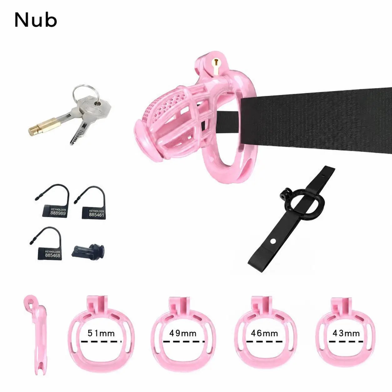 Pink Nub honeycomb cage with belt, four base rings and keys
