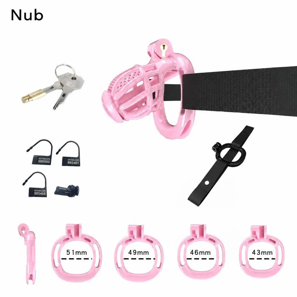 Pink Nub honeycomb cage with belt, four base rings and keys
