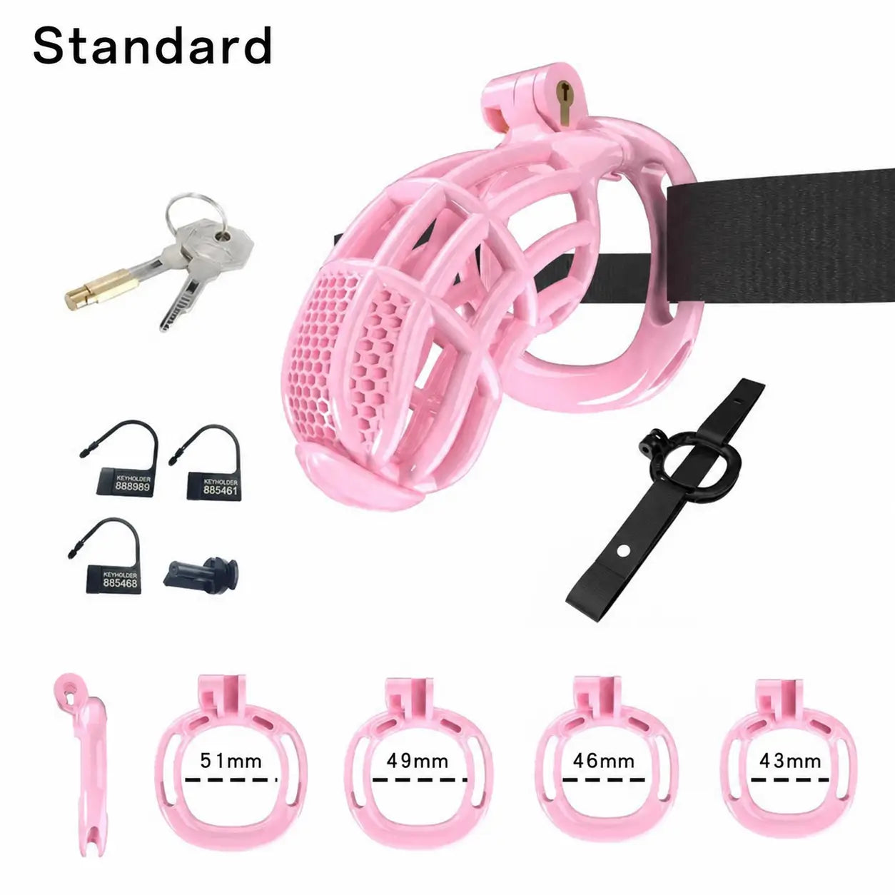 Pink Standard honeycomb cage with belt, four base rings and keys
